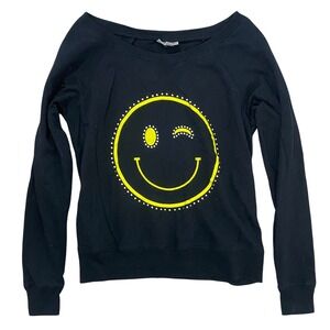 B Darling Medium Black Winking Smiley Face Graphic Sweatshirt Y2K Rhinestone